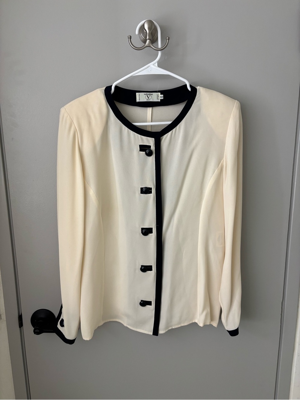 Vintage Valentino Miss V Ivory Black Button Front Blouse IT 42
